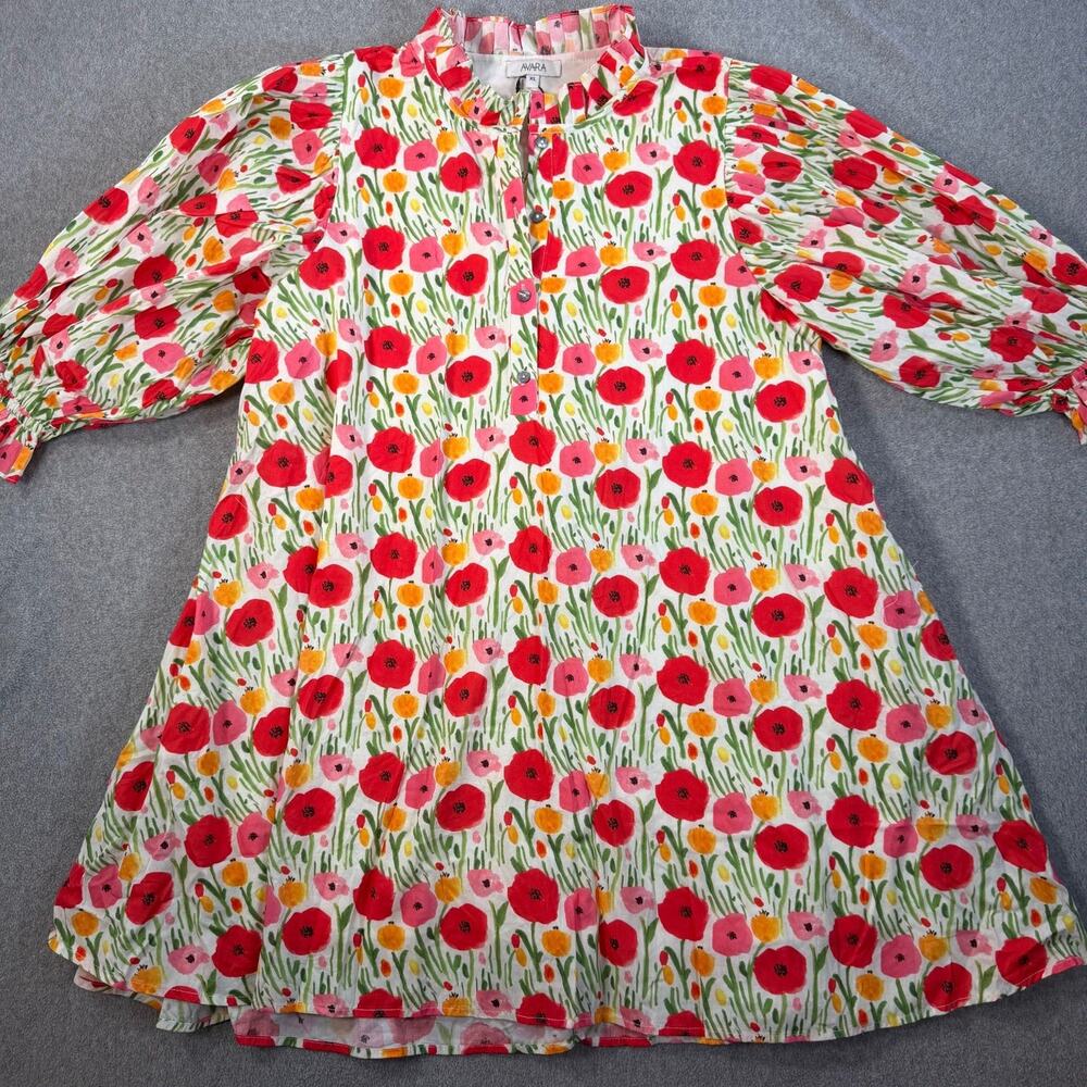 AVARA Women's XL Poppy Floral Ruffle Collar Button Front Balloon Sleeve Dress